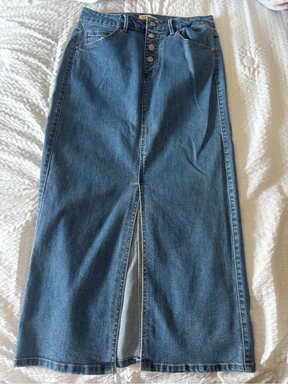 Oat New York Indigo Denim Maxi Skirt with Front Slit